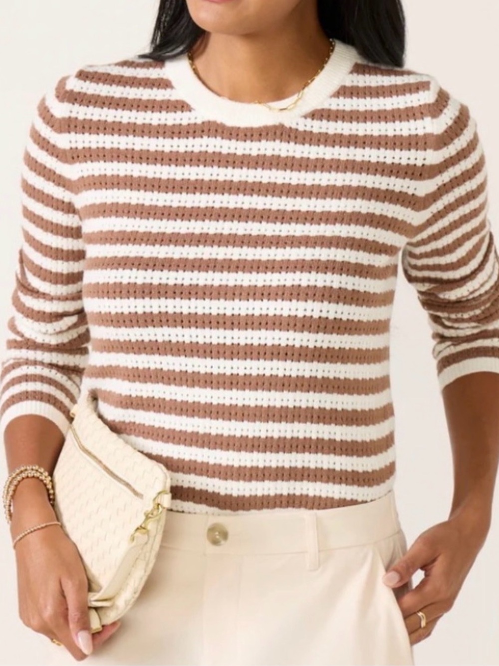 EVEREVE Amanda Pointelle Sweater Brown Ivory Stripe Medium Open Knit Crew Neck